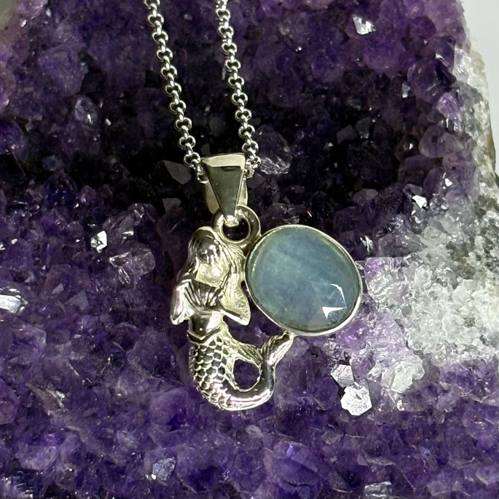 Aquamarine Gemstone Mermaid Shaped Pendant  Sterling Silver on 18” Chain